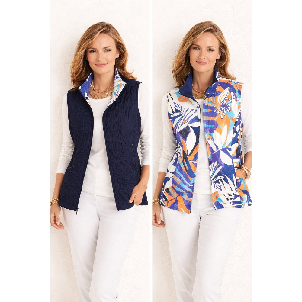 Chicos Zenergy Vest Womens 1 M Navy Reversible Tropical Quilted Full Zip Pockets